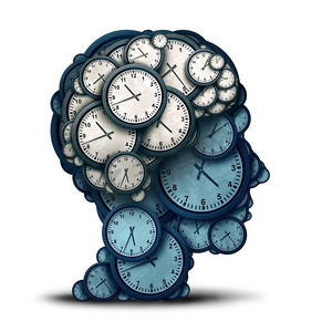 时间管理思维和业务计划或截止日期计划作为人脑，以时钟对象为3D插图。
