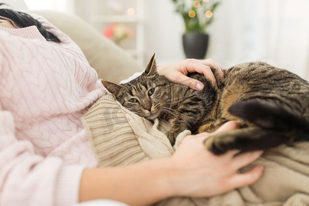 宠物,hygge 和人的概念 — 女主人与家中床上的虎斑猫的特写.