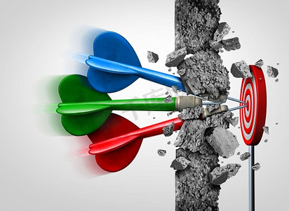 团队突破成功,无限制地克服障碍,作为一个团队拆除混凝土墙,以实现一