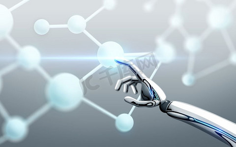 科学，未来技术和进步理念--机器人手在灰色背景下触摸分子配方。机器人手触摸分子配方