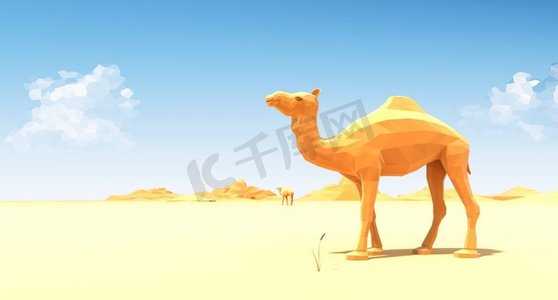 沙漠创意背景摄影照片_沙漠里的骆驼。沙漠里的骆驼。3D插图