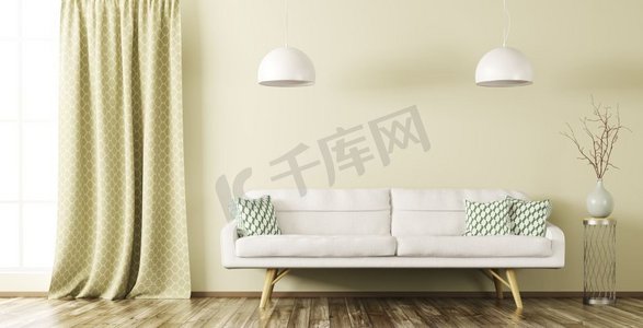 室内白色摄影照片_现代客厅室内设计，白色沙发、植物、灯具和窗户3D渲染