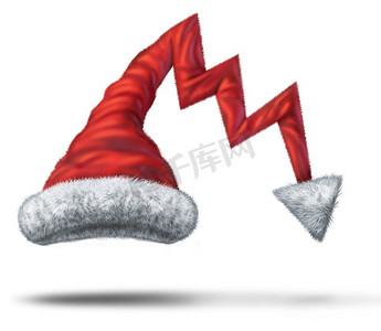 节日债务和圣诞节财务损失业务概念作为一个圣诞老人帽子形状向下的财务图表箭头在3D插图风格。