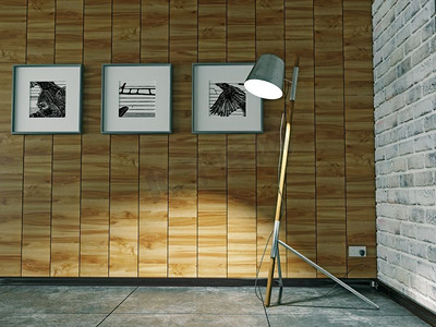 落地灯在室内用木质墙面装饰。3D插图