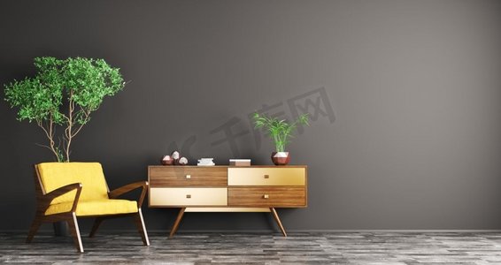地板客厅摄影照片_现代客厅内部，木质橱柜和黄色扶手椅覆盖在黑色墙壁上，3D渲染