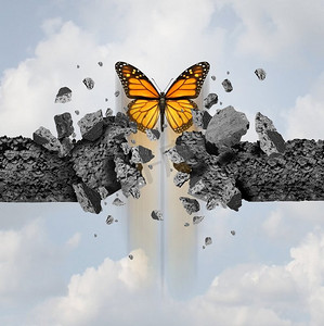 力量和不可阻挡的力量的概念，就像一只蝴蝶在3D插图风格中突破水泥墙。