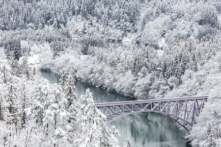 冬季景观积雪覆盖树木，火车过河过桥