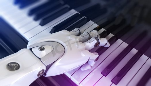机器人弹钢琴。机器人弹钢琴。3D插图