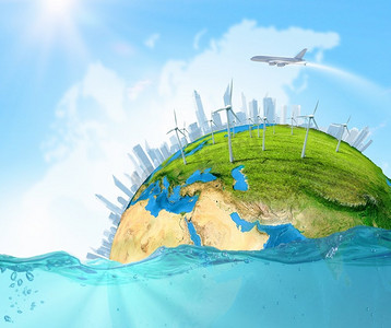 生态观。岛上的城市漂浮在水中。全球变暖。这张图片的要素由美国宇航局提供