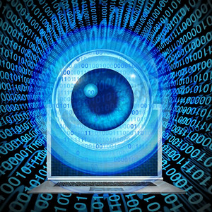 计算机安全监控或网络安全物流监控，就像一台带数字眼睛的笔记本电脑，以3D渲染的形式观看。