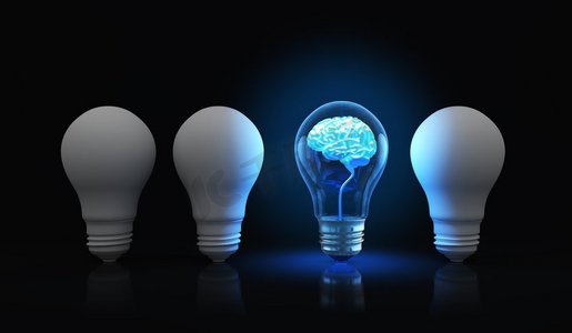 灯泡里面有闪闪发光的大脑。灯泡里面有闪闪发光的大脑。3D插图