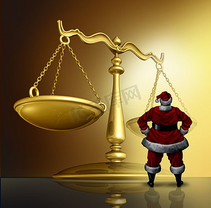 圣诞法和寒假法律问题，因为圣塔克劳斯站在一个带有3D渲染元素的正义天平前。