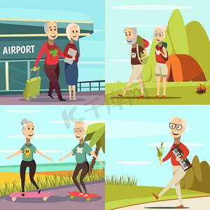 老年人概念图标集。老年人概念图标与旅游和旅游符号卡通孤立向量插图