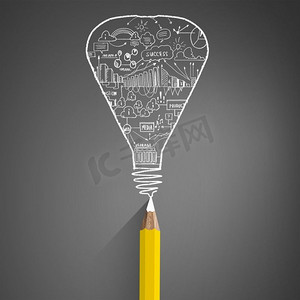 铅笔画铅笔摄影照片_构思提纲。用铅笔画灯泡的创意概念形象
