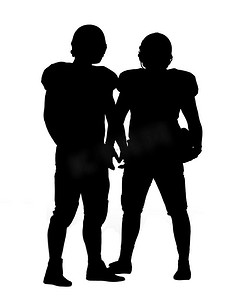 两名美式橄榄球运动员在白色背景下孤立地站在球场上