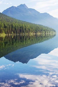 美丽的鲍曼湖与美国蒙大拿州冰川国家公园壮观山脉的倒影。 