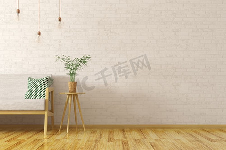 客厅内部，木桌上有植物，砖墙上有灰色沙发，斯堪的纳维亚风格，3D渲染