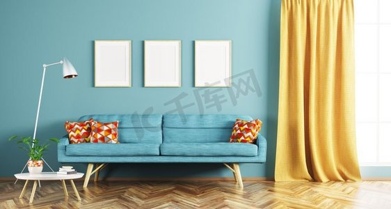 窗帘窗帘样机摄影照片_客厅的现代室内设计，配有蓝色沙发、咖啡桌、边框和窗户3D渲染