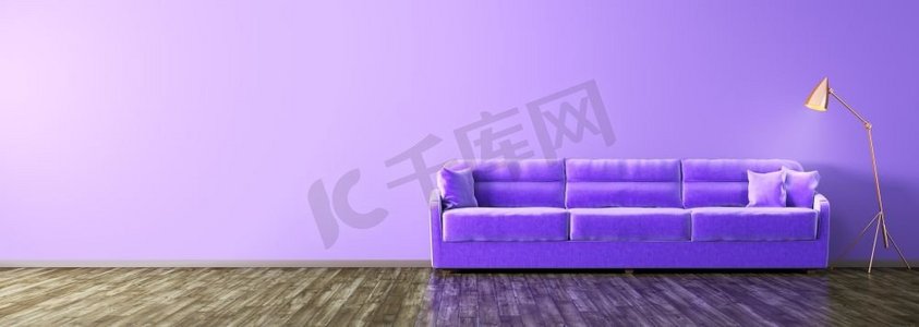带有紫外线沙发全景3D渲染的现代客厅内部