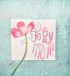 给我亲爱的妈妈的可爱的粉色花，背景是破旧的绿松石，别致的背景，顶视。S母亲节的概念