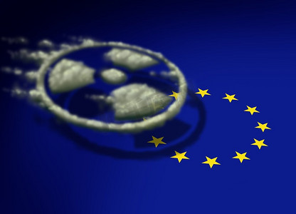 欧洲上空的放射性云层是一种气体，形状像一个辐射图标，以3D插图的方式漂浮在欧盟的象征上方。