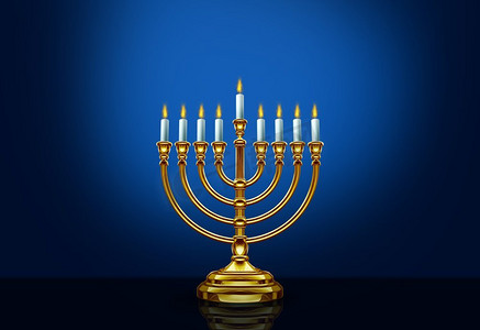 快乐的光明节烛台作为3D插图，蓝色背景上的季节性传统信仰符号。