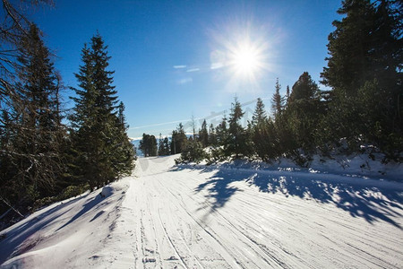 塔特拉斯高山上的滑雪场。风和日丽的一天。滑雪道风景画