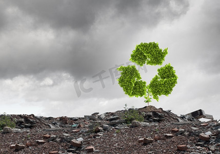 回收概念。概念形象与回收绿色标志的废墟上生长