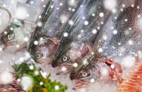 海鲜，销售和食品概念-冰镇鲜鱼在杂货店摊位上的雪。食品杂货摊上的冰镇鲜鱼
