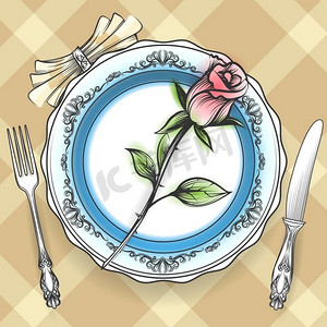浪漫的玫瑰色餐桌布置。浪漫的餐桌摆设，餐具餐巾和苏格兰牢房布上的玫瑰色。矢量插图