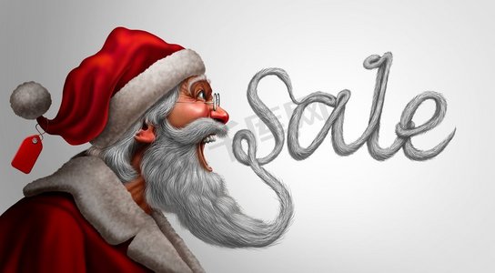 圣诞促销和寒假折扣促销标志为圣诞老人，留着圣诞老人形状的圣诞季节性文字，带有3D渲染元素。