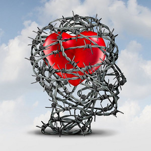 用3D插图元素保护你的关系或封闭的心，以及内向和被拒之门外感受爱情的心理。