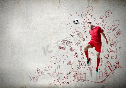 游戏策略。足球运动员在跳跃击球，背景是素描