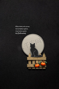 创意万圣节概念照片，一只猫在黑色背景下用纸做成的栅栏上。