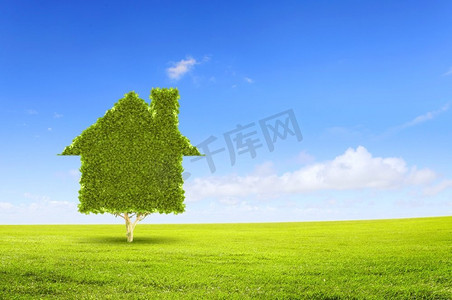 我们热爱我们的星球。绿色植物形似房屋的概念形象