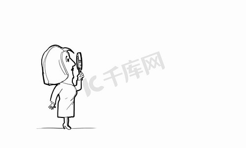 卡通搞笑女人。白色背景下手持放大镜的妇女漫画