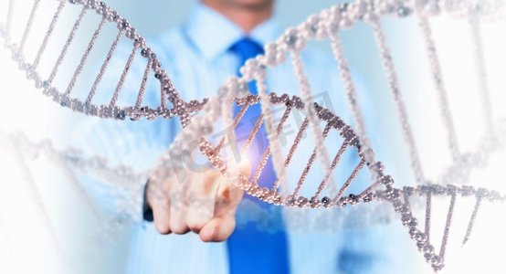 生物化学研究。人类手接触DNA分子的科学概念图像