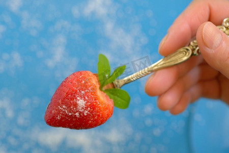 背景是放在汤匙和糖中的心形草莓