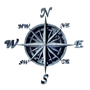 以指南针图标作为导航对象，以北、南、东、西三个方向作为行进方向的三维插图符号。