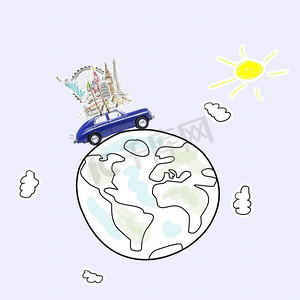 开车旅行。环游世界的旅行记忆。卡通星球车顶有著名纪念碑的蓝色复古玩具车。