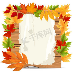 纸质海报背景摄影照片_秋天的树叶和纸质的木质旗帜。以秋叶和纸为文字载体的木质横幅