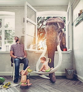 孩子们通过窗户喂大象，而他的父亲正在睡觉。照片组合概念