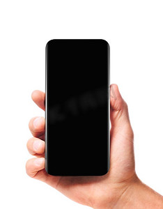 现代无边框智能手机在手。现代无边框智能手机，男性手中，白底黑屏隔离