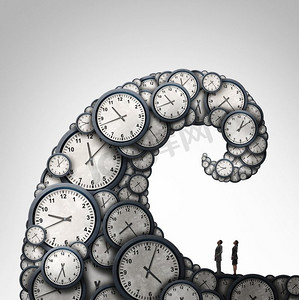 当人们看着由带有3D插图元素的时钟对象组成的巨浪时，时间表和加班时间的概念不堪重负。