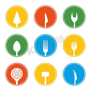 餐具图标摆成圆圈。餐叉、餐刀、餐匙等餐具图标设置为扁平式。矢量插图