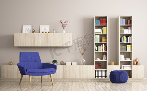扶手椅摄影照片_带有扶手椅和木质书架的现代客厅内部3D渲染