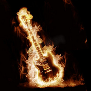 红色火焰摄影照片_电子吉他在黑色背景上被火焰包围