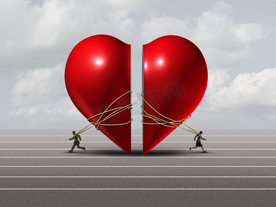 作为一个男人和女人将红色的 valntine 心拉开作为离婚或分离的隐喻与