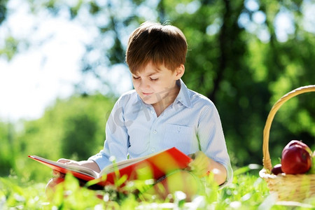 可爱的男孩在夏天公园坐毯子和读书.夏季周末户外活动