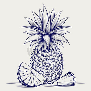 圆珠笔素描菠萝。灰色背景上孤立的圆珠笔菠萝。菠萝素描矢量插图